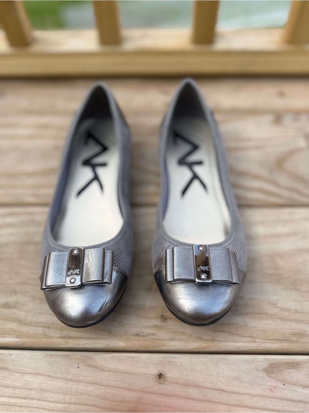 Anne Klein Silver Metallic Bow Ballet Flats